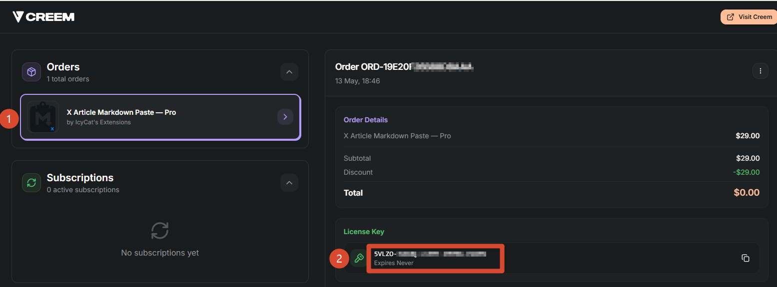 Creem dashboard: how to locate license key